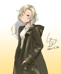 Rule 34 | 1girl, alternate costume, artist logo, blonde hair, coat, commentary request, cowboy shot, dated, gradient background, grey coat, grey eyes, hand in pocket, highres, hornet (kancolle), kantai collection, ld (luna dial398), long hair, looking at viewer, one-hour drawing challenge, solo, sweater, white background, white sweater, yellow background