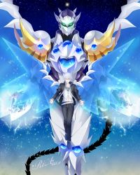 Rule 34 | 1boy, absurdres, armor, collared shirt, divine dividing, energy wings, full armor, gauntlets, green eyes, high school dxd, highres, jacket, large wings, long sleeves, looking at viewer, navel, open clothes, open jacket, pauldrons, ria a9, shirt, short hair, shoulder armor, silver hair, smile, solo, tail, vali lucifer, white armor, white shirt, wings, yellow eyes