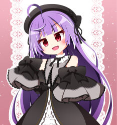 Rule 34 | 1girl, ahoge, beret, black bow, black bowtie, black dress, black hat, blunt bangs, bow, bowtie, collar, commentary request, cowboy shot, cowlick, dress, frilled dress, frills, gothic lolita, grey collar, hat, highres, lace background, lolita fashion, long hair, looking at viewer, medium bangs, multicolored hair, nanashi inc., off-shoulder dress, off shoulder, official alternate costume, open mouth, outline, purple hair, red eyes, senba chidori, shisui kiki, shisui kiki (2nd costume), sleeve bow, sleeves past fingers, sleeves past wrists, smile, solo, streaked hair, two-tone hair, very long hair, virtual youtuber, white hair, white outline