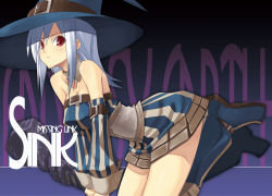 Rule 34 | 1girl, all fours, bare shoulders, belt, bent over, blush, detached sleeves, fantasy earth zero, hat, leaning forward, long hair, red eyes, shingo (missing link), solo, striped, witch, witch hat