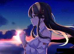 Rule 34 | 1girl, bare shoulders, black hair, brown eyes, commentary request, detached sleeves, from side, hairband, haruna (kancolle), headgear, highres, kantai collection, long hair, nontraditional miko, own hands together, solo, soramuko, sunrise, upper body