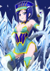 Rule 34 | 1girl, absurdres, aqua thighhighs, armpits, blue eyes, blue gloves, blue hair, blue leotard, boots, breasts, choker, cleavage, collarbone, cosplay, cosplay request, dokidoki! precure, elbow gloves, gloves, gun, hand on own thigh, hand on thigh, highres, hishikawa rikka, holding, holding gun, holding weapon, ice, leotard, medium breasts, nita (onakatohoppe), plant, precure, short hair, side slit, solo, standing, strapless, striped, swept bangs, thigh boots, thighhighs, twitter username, vines, weapon, white footwear