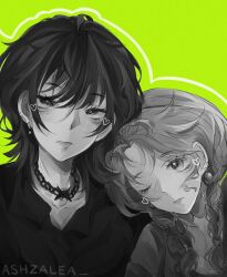 Rule 34 | 2girls, artist name, ashzalea, barbed wire, braid, collarbone, collared shirt, derivative work, ear piercing, earrings, expressionless, frills, green background, greyscale with colored background, hair between eyes, hair tie, head on another&#039;s shoulder, head rest, heart, highres, instagram username, jewelry, kininatteru hito ga otoko ja nakatta, koga mitsuki, leaning on person, long hair, looking at viewer, medium hair, mole, mole under eye, multiple girls, necklace, one eye closed, oosawa aya, piercing, portrait, shirt, twin braids, yuri