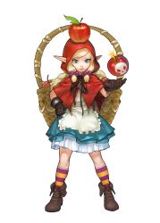 Rule 34 | 1girl, absurdres, apple, apple on head, apron, basket, blonde hair, blue dress, blue eyes, bomb, boots, capelet, dress, elf, explosive, expressionless, food, fruit, game cg, gloves, guardian tales, hand on own hip, highres, official art, pointy ears, red hood, red hood elvira, socks, transparent background