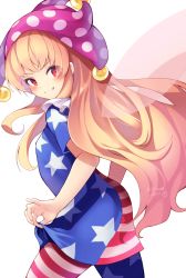 Rule 34 | 1girl, american flag dress, american flag legwear, blonde hair, blush, chikuwa savy, clownpiece, cowboy shot, dress, fairy, fairy wings, grin, hat, highres, jester cap, long hair, pantyhose, purple hat, red eyes, short sleeves, simple background, smile, solo, star (symbol), star print, striped clothes, striped dress, touhou, twitter username, white background, wings