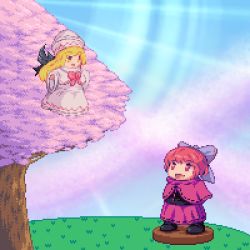 Rule 34 | 2girls, blonde hair, bow, cape, cherry blossoms, dress, hair bow, hat, kisasage kouta, lily white, long hair, lowres, multiple girls, open mouth, pixel art, red hair, sekibanki, short hair, skirt, smile, touhou, wings