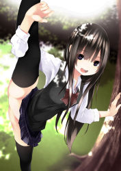 Rule 34 | 1girl, against tree, ass, black hair, black thighhighs, black vest, clothes lift, commentary request, fiesuke, flexible, hand on own leg, highres, leaning forward, leg up, legs, lifting own clothes, long hair, no panties, no pussy, open mouth, original, outdoors, plaid, plaid skirt, purple eyes, purple skirt, school uniform, shirt, skirt, skirt lift, smile, solo, split, standing, standing on one leg, standing split, thighhighs, thighs, tree, vest, white shirt