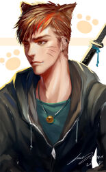Rule 34 | 1boy, animal ears, brown hair, cat ears, closed mouth, commentary request, dated, eyelashes, facial mark, green eyes, green shirt, greenteaa, jacket, jewelry, male focus, necklace, original, paw print, shirt, short hair, signature, solo, sword, tassel, upper body, weapon, whisker markings, white background, zipper