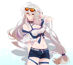 Rule 34 | 1girl, arknights, arm behind back, belt, blue shorts, breasts, cleavage, closed mouth, commentary, cowboy shot, criss-cross halter, crop top, erhuo, expressionless, eyewear on head, hair between eyes, halterneck, hand in own hair, long hair, looking at viewer, low-tied long hair, medium breasts, midriff, navel, official alternate costume, polka dot, red eyes, short shorts, shorts, silver hair, simple background, skadi (arknights), skadi (waverider) (arknights), solo, sunglasses, thigh strap, very long hair, white background, white belt