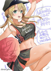 Rule 34 | 1girl, anchor hair ornament, aqua eyes, arm up, armpits, black skirt, blonde hair, breasts, cheering, cheerleader, clothes writing, crop top, crop top overhang, hair ornament, hat, highres, kantai collection, large breasts, long hair, midriff, miniskirt, mizuta kenji, navel, one-hour drawing challenge, open mouth, peaked cap, pleated skirt, pom pom (cheerleading), prinz eugen (kancolle), shirt, skirt, sleeveless, sleeveless shirt, smile, solo, translation request, twintails