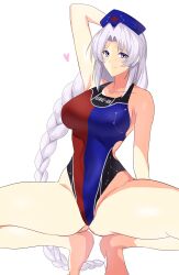 Rule 34 | 1girl, absurdres, arm behind head, blue hat, blue one-piece swimsuit, braid, braided ponytail, breasts, closed mouth, clothes writing, commentary request, competition swimsuit, enmimontoria, grey eyes, grey hair, groin, hat, heart, highres, large breasts, long hair, looking at viewer, nurse cap, one-piece swimsuit, red one-piece swimsuit, simple background, smile, solo, squatting, swimsuit, touhou, trigram, two-tone one-piece swimsuit, very long hair, white background, yagokoro eirin
