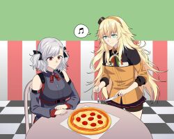 2girls bare_shoulders bike_shorts blonde_hair breasts checkered_floor collared_shirt commentary commission detached_sleeves flag_print food fork girls&#039;_frontline green_eyes grey_hair hairband highres holding holding_fork holding_knife italian_flag italian_flag_print knife large_breasts long_hair margherita_pizza messy_hair miniskirt multiple_girls musical_note orange_hairband orange_shirt pepperoni pepperoni_pizza pizza print_ribbon red_eyes ribbon s.a.t.8_(girls&#039;_frontline) shirt short_hair sitting skirt sleeves_rolled_up smile spas-12_(girls&#039;_frontline) speech_bubble spoken_musical_note suprii table twintails uniform very_long_hair