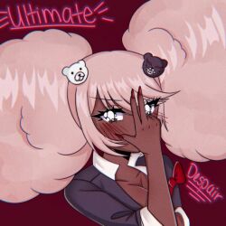 Rule 34 | 1girl, afro, afro puffs, arm under breasts, arm up, bear hair ornament, black shirt, black skirt, blush, bow, breasts, cleavage, collarbone, danganronpa (series), danganronpa another episode: ultra despair girls, english text, eyelashes, female focus, fingernails, grey hair, hair ornament, hand over face, hand up, highres, jojo reference, long fingernails, long hair, looking at viewer, medium breasts, nail polish, red background, red bow, second generation enoshima junko, shirt, simple background, skirt, solo, standing, starlenayt, twintails, upper body
