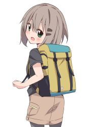 Rule 34 | 10s, 1girl, :d, absurdres, backpack, bag, black pantyhose, black shirt, blush, brown skirt, commentary request, green eyes, grey hair, hair between eyes, hair ornament, hairclip, head tilt, highres, looking at viewer, looking back, mousou (mousou temporary), open mouth, pantyhose, shirt, short hair, short sleeves, simple background, skirt, smile, solo, white background, yama no susume, yukimura aoi