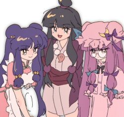 Rule 34 | 3girls, ace attorney, apron, beads, bell, black hair, blue bow, blunt bangs, bow, chinese clothes, crescent, crescent hat ornament, dot mouth, double bun, dress, frilled apron, frills, glasses, green trim, grey eyes, hair beads, hair bell, hair bow, hair bun, hair ornament, half updo, hat, hat ornament, holding, holding tray, jacket, japanese clothes, jewelry, kimono, long hair, long sleeves, looking at viewer, luuxiriver, magatama, magatama necklace, maya fey, mob cap, multiple girls, necklace, open mouth, patchouli knowledge, pink dress, pink sash, puffy long sleeves, puffy sleeves, purple bow, purple eyes, purple hair, purple jacket, ranma 1/2, retro artstyle, sash, shampoo (ranma 1/2), short kimono, short sleeves, sidelocks, smile, topknot, touhou, trait connection, tray, white background