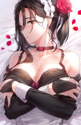 Rule 34 | 1girl, apron, bare shoulders, black bra, black dress, blush, bra, breasts, brown hair, choker, cleavage, closed mouth, clothes pull, collarbone, dress, dress pull, flower, hair flower, hair ornament, hands on own chest, highres, kfr, large breasts, long hair, looking at viewer, maid headdress, off shoulder, original, ponytail, red eyes, solo, underwear