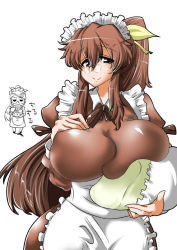 Rule 34 | apron, black eyes, bowl, breast hold, breast rest, breasts, brown hair, chopsticks, eating, covered erect nipples, food, glasses, hair ornament, headdress, huge breasts, long hair, maid, maid apron, maid headdress, shisoworld, smile, standing