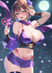 Rule 34 | 1girl, alternate costume, azur lane, baltimore (azur lane), blush, breasts, commentary request, crop top, detached sleeves, full moon, hair ornament, highres, japanese clothes, large breasts, medium hair, miniskirt, moon, navel, ninja, open mouth, panties, pubic tattoo, purple scarf, scarf, skirt, solo, string panties, studiopokotan, tattoo, thighs, underwear, v, yellow eyes