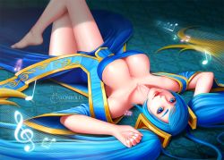 Rule 34 | 1girl, artist name, barefoot, bass clef, beamed quavers, blue eyes, blue hair, breasts, cleavage, crossed legs, feet, huge breasts, league of legends, loneold (artist), looking at viewer, lying, matching hair/eyes, musical note, on back, quaver, shiny skin, smile, solo, sona (league of legends), taut clothes, treble clef