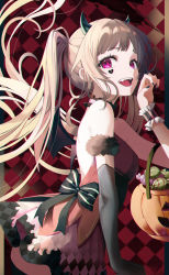 1girl, absurdres, asymmetrical gloves, bare shoulders, black bow, black nails, bow, breasts, brown hair, candy, checkered, checkered background, checkered skirt, choker, claw pose, demon girl, demon horns, demon wings, elbow gloves, eumi 114, fangs, fishnet gloves, fishnets, food, from side, gloves, halloween, hand up, highres, horns, huge filesize, jack-o&#039;-lantern, long hair, looking at viewer, nail polish, open mouth, original, purple eyes, shoulder blades, skirt, smile, solo, thighhighs, trick or treat, twintails, very long hair, wings, wrist cuffs
