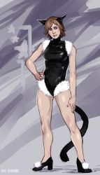 Rule 34 | 1girl, animal ears, brown hair, cat ears, cat tail, deltastic, highres, julie kidman, leotard, solo, tail, the evil within