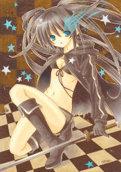 Rule 34 | 10s, 1girl, acrylic paint (medium), asapon, bikini, bikini top only, black hair, black rock shooter, black rock shooter (character), blue eyes, boots, checkered floor, floor, floves, front-tie top, gloves, glowing, glowing eye, highres, kneeling, legs, long sleeves, marker (medium), midriff, on one knee, open clothes, painting (medium), perspective, signature, solo, star (symbol), swimsuit, sword, traditional media, twintails, weapon, zipper