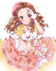 Rule 34 | 1girl, arm up, blush, breasts, brown hair, collarbone, curly hair, dot nose, dress, earrings, flower, flower earrings, flower necklace, flying sweatdrops, forehead, gloves, hand up, hat, highres, holding, holding hair, idolmaster, idolmaster cinderella girls, idolmaster cinderella girls starlight stage, jewelry, layered dress, long hair, looking at viewer, medium breasts, multicolored clothes, multicolored dress, necklace, open mouth, pink flower, pink hat, red eyes, red ribbon, ribbon, seki hiromi, short sleeves, simple background, solo, wavy hair, white background, white gloves, yellow ribbon, yuanagae