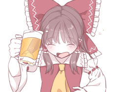Rule 34 | 1girl, alcohol, ascot, beer, beer mug, blush, bow, brown hair, closed eyes, commentary request, cup, detached sleeves, frilled bow, frilled hair tubes, frills, hair bow, hair tubes, hakurei reimu, highres, holding, holding cup, long hair, mug, norichiizu, open mouth, red bow, ribbon-trimmed sleeves, ribbon trim, smile, solo, touhou, yellow ascot