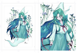 Rule 34 | 1girl, blood, bloody knife, blue sailor collar, blue skirt, bow, closed mouth, expressionless, eyes visible through hair, flower, ghost tail, gin fragrans, green eyes, green hair, hair between eyes, hat, highly responsive to prayers, highres, knife, long hair, long sleeves, looking at viewer, mima (touhou), neckerchief, pleated skirt, portrait, repetition, ribbon, sailor collar, school uniform, serafuku, shirt, skirt, solo, touhou, touhou (pc-98), white hat, white shirt