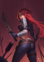 Rule 34 | 1girl, armor, arrow (projectile), ass, belt, dagger, dual wielding, fire, green eyes, holding, katarina (league of legends), knife, league of legends, lips, long hair, looking at viewer, looking back, midriff, red hair, rumbee, scar, scar on face, shoulder armor, solo, spiked belt, spikes, tattoo, weapon