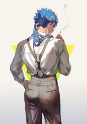 Rule 34 | 1boy, blue hair, cigarette, cowboy shot, cu chulainn (fate), cu chulainn (caster) (fate), earrings, fate/grand order, fate (series), from behind, grey pants, hand on own hip, highres, holding, holding cigarette, jewelry, cu chulainn (fate/stay night), long sleeves, looking back, male focus, manly, open mouth, pants, profile, red eyes, shirt, short hair with long locks, smile, smoke, smoking, solo, suspenders, tamomoko, triangle, white shirt