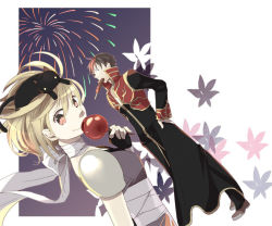 Rule 34 | 1boy, 1girl, aerial fireworks, animal, animal on head, armor, assassin (ragnarok online), bandages, black cat, black coat, black pants, blonde hair, brown eyes, brown footwear, brown hair, candy apple, cat, cat on head, closed mouth, coat, comiket 78, commentary request, dutch angle, eating, fireworks, food, food in mouth, full body, hair between eyes, kebab, long sleeves, looking at viewer, medium hair, multicolored coat, negi mugiya, on head, open clothes, open coat, pants, pauldrons, priest (ragnarok online), purple shirt, ragnarok online, red coat, shirt, shoes, short hair, shoulder armor, sleeveless, sleeveless shirt, smile, two-tone coat, upper body