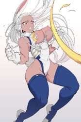Rule 34 | 1girl, absurdres, animal ears, bare shoulders, blue thighhighs, boku no hero academia, breasts, breasts out, clenched teeth, covered navel, dark-skinned female, dark skin, floating hair, fur collar, gloves, highleg, highleg leotard, highres, koyap, large breasts, leotard, long eyelashes, long hair, mirko, nipples, rabbit ears, rabbit girl, rabbit tail, red eyes, sleeveless turtleneck leotard, solo, tail, teeth, thick thighs, thighhighs, thighs, tiptoes, toned, torn clothes, very long hair, white background, white gloves, white hair, white leotard