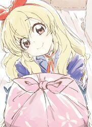 1girl aikatsu! aikatsu!_(series) blonde_hair blue_jacket bow bow_hairband dot_nose hair_bow hairband head_tilt highres holding hoshimiya_ichigo jacket long_hair lunchbox pov red_bow red_eyes red_hairband red_ribbon ribbon saitou_atsushi_(kamatamanankotu) school_uniform smile solo star_harmony_academy_school_uniform straight_hair