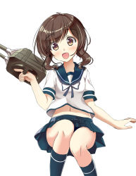 Rule 34 | 1girl, adapted turret, black socks, blue sailor collar, blue skirt, brown eyes, brown hair, commentary request, feet out of frame, fubuki (kancolle), highres, invisible chair, kantai collection, kneehighs, looking at viewer, low ponytail, midriff peek, open mouth, pleated skirt, ponytail, sailor collar, sakurano yukke, school uniform, serafuku, short ponytail, sidelocks, simple background, sitting, skirt, smile, socks, solo, white background