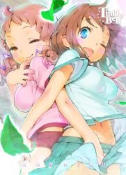 Rule 34 | 2girls, ;d, ahoge, artist name, back-to-back, blue eyes, blush, breasts, brown eyes, brown hair, buruma, falling leaves, hair ribbon, half-closed eye, impossible clothes, impossible shirt, leaf, looking at viewer, looking back, midriff peek, multiple girls, nanase kaori, navel, one eye closed, open mouth, pleated skirt, ribbon, rondo duo, shirt, short sleeves, skirt, skirt hold, smile, tinkle bell, uneven eyes, wind, wind lift