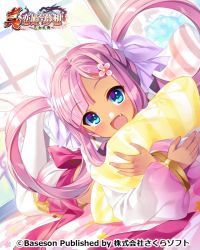 Rule 34 | 1girl, blue eyes, bucchake (asami), crop top, fang, hair ornament, hairclip, hug, koihime musou, legs up, long hair, looking at viewer, lying, midriff, miniskirt, hugging object, on stomach, open mouth, pillow, pillow hug, pink hair, pink shirt, pink skirt, ribbon, shirt, skirt, smile, solo, sonshoukou, thighhighs, twintails, very long hair, white thighhighs, window