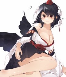 Rule 34 | 1girl, armpit crease, bare shoulders, bird wings, black hair, black skirt, black wings, blush, breasts, cleavage, closed mouth, collarbone, commentary request, dot nose, feathered wings, hand on own ass, hat, heart, higa (gominami), highres, japanese clothes, kourindou tengu costume, legs, long sleeves, looking at viewer, lying, no bra, obi, official alternate costume, on side, pointy ears, pom pom (clothes), red eyes, red hat, ribbon-trimmed sleeves, ribbon trim, sash, shameimaru aya, shiny skin, short hair, simple background, skirt, solo, thighs, tokin hat, touhou, white background, wide sleeves, wings
