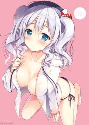 Rule 34 | 10s, 1girl, ahoge, bare legs, barefoot, beret, black panties, blue eyes, blush, breasts, cleavage, collarbone, commentary request, from above, hat, hood, hoodie, kantai collection, kashima (kancolle), kneeling, large breasts, long hair, long sleeves, looking at viewer, looking up, no bra, open clothes, open hoodie, panties, shirt, side-tie panties, sidelocks, silver hair, simple background, smile, solo, sousouman, spoken blush, tsurime, twintails, twitter username, underwear, wavy hair