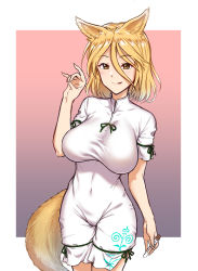 Rule 34 | 1girl, aki (aoirowings), animal ear fluff, animal ears, blonde hair, breasts, closed mouth, covered navel, dress, feet out of frame, hair between eyes, highres, kudamaki tsukasa, large breasts, looking at viewer, medium hair, simple background, smile, solo, standing, tongue, tongue out, touhou, unconnected marketeers, white dress, yellow eyes