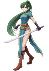 Rule 34 | 1girl, absurdres, belly chain, blue dress, boots, breasts, dress, earrings, expressionless, fingerless gloves, fire emblem, fire emblem: the blazing blade, full body, gloves, green eyes, green hair, highres, jewelry, katana, kotatsumuri (yaugau), long hair, looking at viewer, lyn (fire emblem), medium breasts, nintendo, pelvic curtain, ponytail, short sleeves, side slit, simple background, sketch, solo, standing, sword, thighs, very long hair, weapon, white background