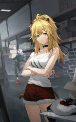Rule 34 | 2girls, animal ears, arknights, bare shoulders, black choker, black nails, black pants, blonde hair, blue jacket, boots, box, breasts, candy, cardboard box, choker, cleavage, commentary request, cowboy shot, cutoffs, food, highres, holding, holding box, holding food, indoors, indra (arknights), jacket, lion ears, lion tail, lollipop, long hair, looking at viewer, medium breasts, multiple girls, mumu (leelee mumu), nail polish, pants, red footwear, red shorts, short shorts, shorts, siege (arknights), standing, tail, tank top, thighs, white hair, white tank top, yellow eyes
