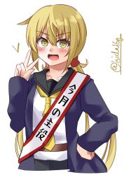 Rule 34 | blonde hair, collarbone, hand on own hip, highres, ishida arata, kantai collection, long hair, long sleeves, sailor collar, satsuki (kancolle), simple background, twintails, twitter username, v, yellow eyes