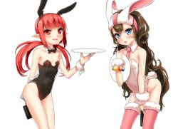 Rule 34 | 00s, 2girls, animal ears, bare legs, bare shoulders, blue eyes, blush, bow, bowtie, brown hair, collarbone, cuffs, detached collar, dungeon and fighter, fake animal ears, flat chest, hairband, leotard, long hair, mage (dungeon and fighter), mintai, multiple girls, mx2j, necktie, open mouth, original, playboy bunny, pointy ears, rabbit ears, rabbit tail, red eyes, red hair, simple background, tail, thighhighs, tray, wrist cuffs