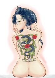 Rule 34 | 1girl, ass, ass support, back, back tattoo, bad id, bad pixiv id, blue hair, breasts, commentary request, earrings, english text, eyelashes, fingers to mouth, flower, girls&#039; frontline, hair lift, hand up, highres, hip focus, jewelry, kjm3111, korean commentary, leaf, long hair, looking at viewer, looking back, messy hair, mole, mole on breast, mole under eye, nape, nude, plant, python (girls&#039; frontline), rose, scroll, simple background, sitting, snake, solo, tattoo, thorns, vines, white background, yellow eyes