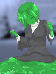 Rule 34 | 1girl, business suit, colored skin, closed eyes, formal, green hair, green skin, monster girl, office lady, ponytail, rethnick, slime girl, suit