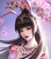 Rule 34 | 1girl, absurdres, animal ears, brown hair, bug, butterfly, cherry blossoms, closed mouth, douluo dalu, dress, falling petals, glowing, hair ornament, highres, insect, looking at viewer, mimi di xiao xiannu, petals, pink dress, pink eyes, rabbit ears, red lips, smile, solo, upper body, xiao wu (douluo dalu)