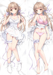 Rule 34 | 1girl, bare arms, bare shoulders, barefoot, bed sheet, bow, bow bra, bow panties, bra, breasts, brown eyes, brown hair, cleavage, closed mouth, commentary request, dakimakura (medium), double bun, dress, feet, frilled dress, frills, hair bun, highres, irori, knees together feet apart, large breasts, legs, looking at viewer, lying, multiple views, navel, no shoes, on back, original, panties, pink bra, pink panties, sleeveless, sleeveless dress, smile, socks, toenails, toes, underwear, white dress, white socks