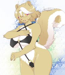 Rule 34 | 1girl, artist request, blonde hair, brown eyes, furry, furry female, glasses, multicolored hair, open mouth, short hair, skunk, solo, two-tone hair, white hair