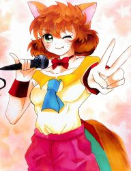Rule 34 | 1girl, animal ears, artist request, blush, bow, bowtie, breasts, brown hair, collarbone, fang, green eyes, highres, koto (yu yu hakusho), looking at viewer, microphone, necktie, one eye closed, shirt, short hair, shorts, smile, solo, standing, tail, v, whiskers, white shirt, wink, yuu yuu hakusho